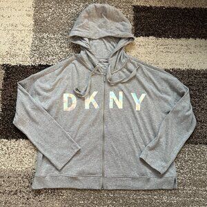 DKNY SPORT (L) Heather Gray Iridescent Silver Logo Zip Hoodie Sweatshirt Womens